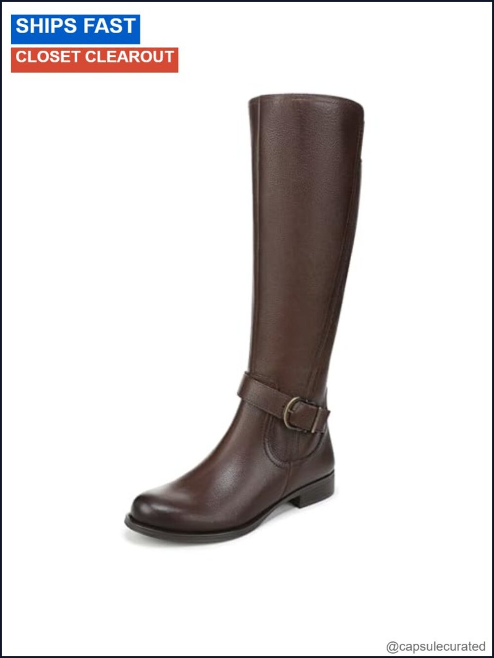 Wide Calf Knee High Leather Boot with Block Heel